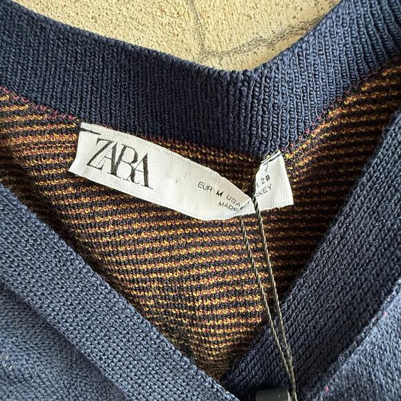 Zara Floral Knit Crop Tank Top Navy Red Knitwear Bralette Style Size M - Picture 4 of 7